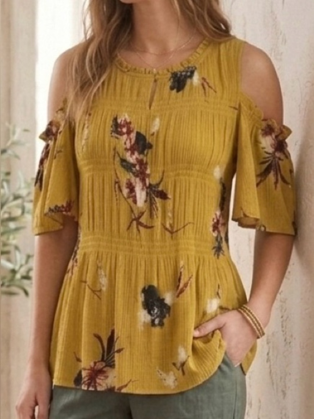 ODDI Mustard Yellow Floral Cold Shoulder Blouse Smocked Boho Peasant Top Small